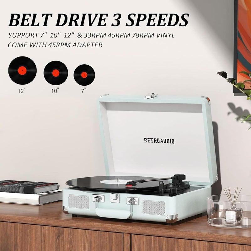 RetroAudio Vinyl Record Player Bluetooth Vintage Portable Suitcase Turntable with Built-in Speakers LP Player Support RCA Output and Headphone Output Light Cyan - Image 4