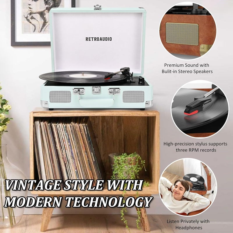 RetroAudio Vinyl Record Player Bluetooth Vintage Portable Suitcase Turntable with Built-in Speakers LP Player Support RCA Output and Headphone Output Light Cyan - Image 5