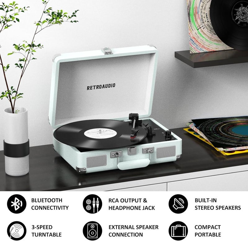 RetroAudio Vinyl Record Player Bluetooth Vintage Portable Suitcase Turntable with Built-in Speakers LP Player Support RCA Output and Headphone Output Light Cyan - Image 3