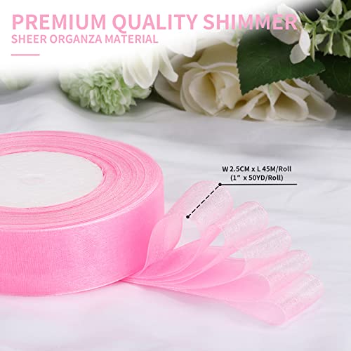 Molshine 50yd 1-inch Premium Quality Shimmer Sheer Organza Ribbon-Pure Color (Pink) - Image 2