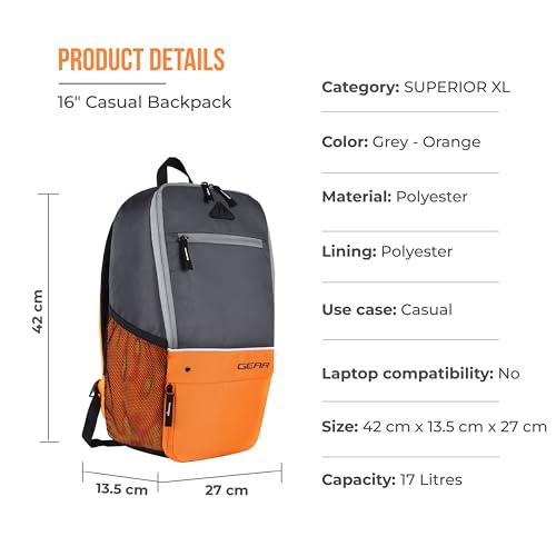 Gear Superior XL 16"/17L Small Water Resistant Backpack | Casual Backpack | College Bag |Travel Bag For Men/Women (Grey - Orange) - Image 2