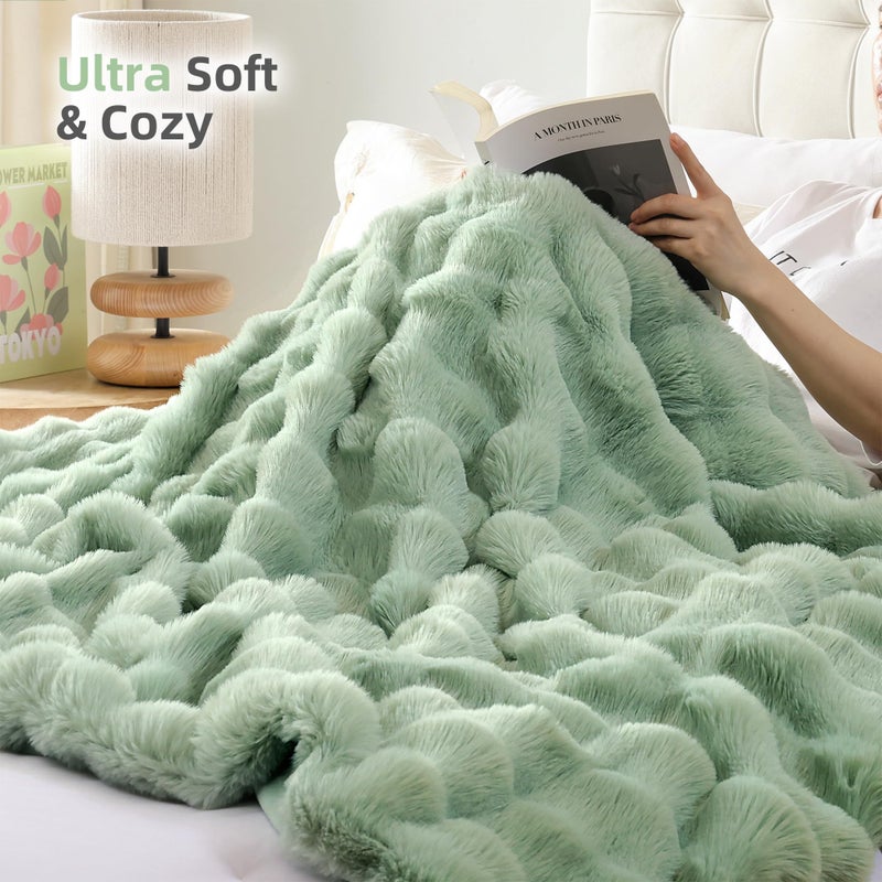 Smoofy Faux Fur Throw Blanket for Couch â€“ Sage Fluffy Cozy Rabbit Fleece, Plush Soft Bubble Blanket for Sofa & Bed, for Mom, Warm Fuzzy Home Room Decor Throw 50" x 60" - Image 4