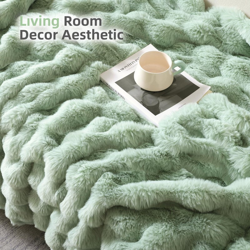 Smoofy Faux Fur Throw Blanket for Couch â€“ Sage Fluffy Cozy Rabbit Fleece, Plush Soft Bubble Blanket for Sofa & Bed, for Mom, Warm Fuzzy Home Room Decor Throw 50" x 60" - Image 5