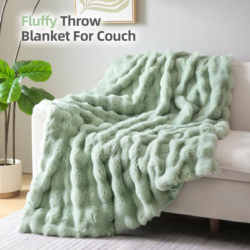 Smoofy Faux Fur Throw Blanket for Couch â€“ Sage Fluffy Cozy Rabbit Fleece, Plush Soft Bubble Blanket for Sofa & Bed, for Mom, Warm Fuzzy Home Room Decor Throw 50" x 60" - Image 3