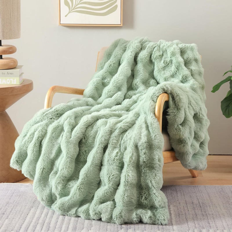 Smoofy Faux Fur Throw Blanket for Couch â€“ Sage Fluffy Cozy Rabbit Fleece, Plush Soft Bubble Blanket for Sofa & Bed, for Mom, Warm Fuzzy Home Room Decor Throw 50" x 60" - Image 1
