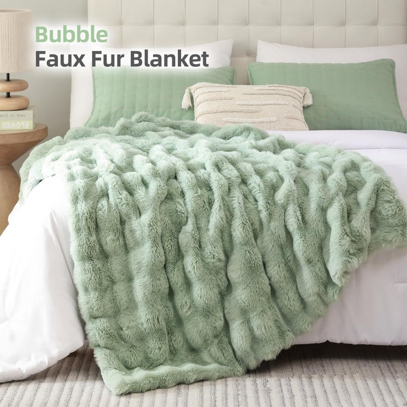 Smoofy Faux Fur Throw Blanket for Couch â€“ Sage Fluffy Cozy Rabbit Fleece, Plush Soft Bubble Blanket for Sofa & Bed, for Mom, Warm Fuzzy Home Room Decor Throw 50" x 60" - Image 2
