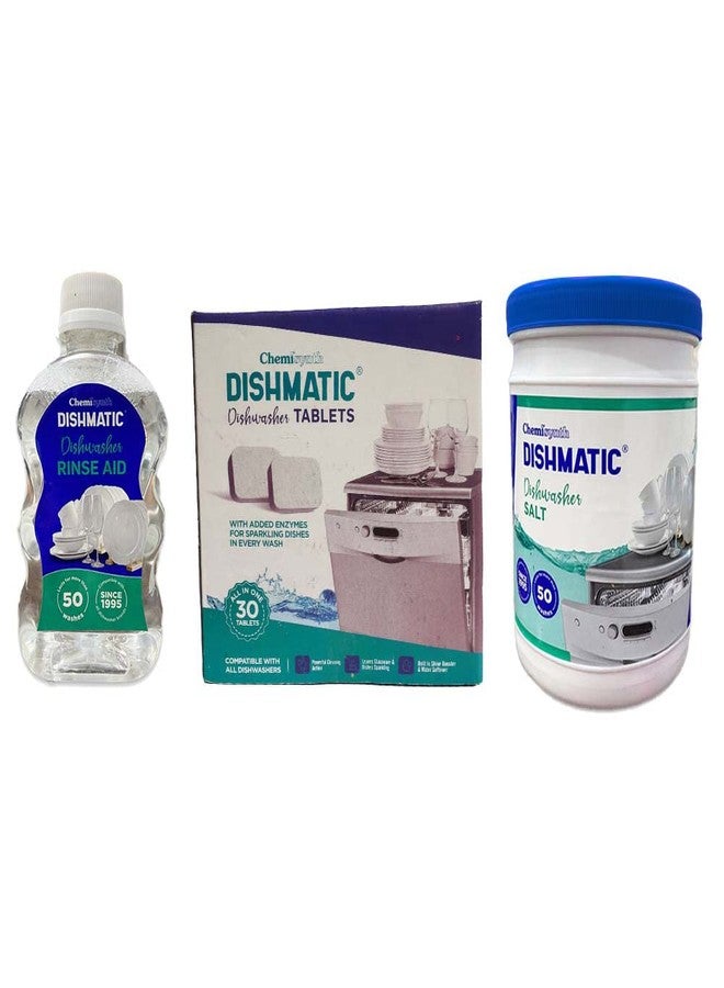Dishmatic أقراص ديشماتيك لغسالة الصحون مع سائل الشطف والملح، أقراص سائلة لغسالة الصحون مع سائل الشطف والملح لأطباق نظيفة لامعة متوافقة مع جميع غسالات الصحون (30 قطعة * 250 مل * 1 كجم) - Image 1