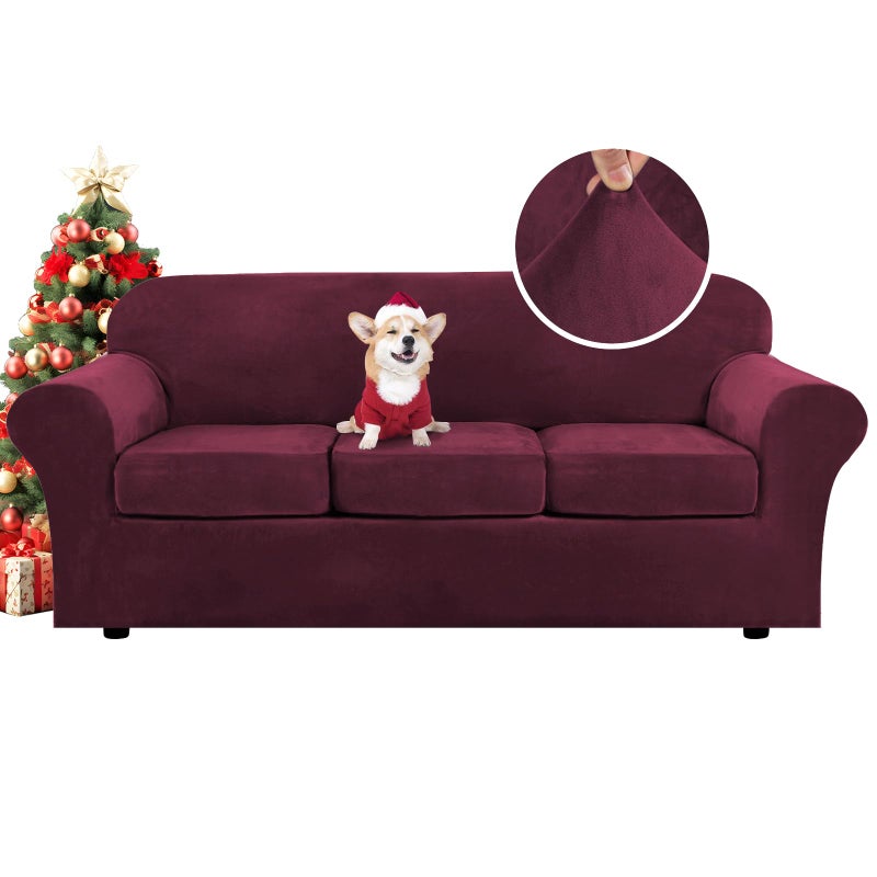 H.VERSAILTEX HVERSAILTEX Modern Velvet Plush 4 Piece High Stretch Sofa Slipcover Sofa Cover Furniture Protector Form Fit Luxury Thick Velvet Sofa Cover for 3 Cushion Couch Width Up to 90 InchSofaBurgundy
