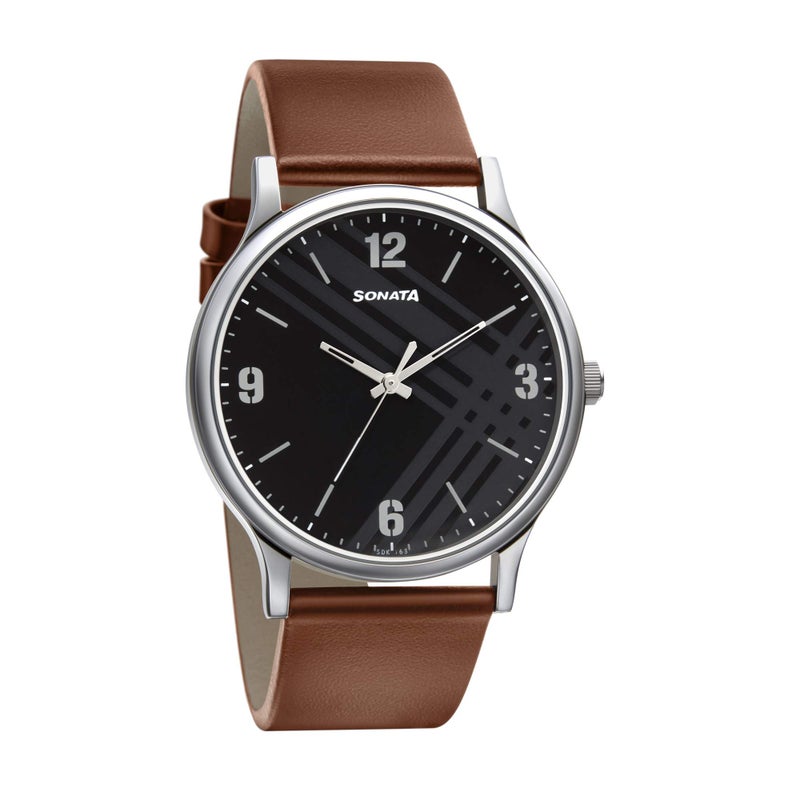 Sonata Smart Plaid Analog Black Dial Men's Watch-NN77105SL02W/NP77105SL02W, Brown, strap