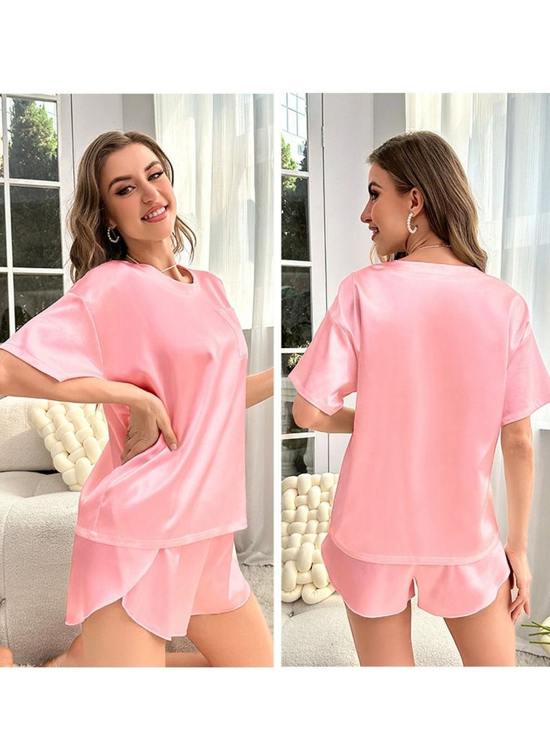 Loquat - Women's Loose Casual 2-Piece Set Nightgown Sleepwear Short Sleeve Tops And Shorts Soft Loungewear Pajamas  Suit Pink - Image 1