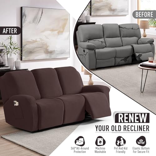 TAOCOCO Recliner Sofa Covers 8-Pieces Stretch Large Couch Covers for 3 Seats Reclining Slipcovers Soft Jacquard Pattern Furniture Protector (Dark Coffee) - Image 4