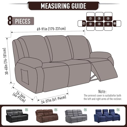 TAOCOCO Recliner Sofa Covers 8-Pieces Stretch Large Couch Covers for 3 Seats Reclining Slipcovers Soft Jacquard Pattern Furniture Protector (Dark Coffee) - Image 5