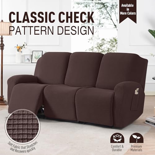 TAOCOCO Recliner Sofa Covers 8-Pieces Stretch Large Couch Covers for 3 Seats Reclining Slipcovers Soft Jacquard Pattern Furniture Protector (Dark Coffee) - Image 2