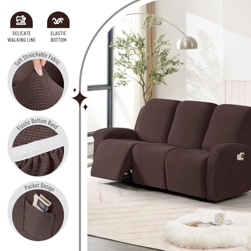 TAOCOCO Recliner Sofa Covers 8-Pieces Stretch Large Couch Covers for 3 Seats Reclining Slipcovers Soft Jacquard Pattern Furniture Protector (Dark Coffee) - Image 3