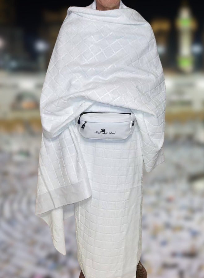 Fianser Set 2-Piece Ihram Towels Hajj Umrah Belt Bag with Kaaba & Arabic Calligraphy 2 White Pins Waterproof Waist Bag For Men Clothing Cotton Super Soft Non Stitched Dry Fast Islamic Muslim  - Image 2