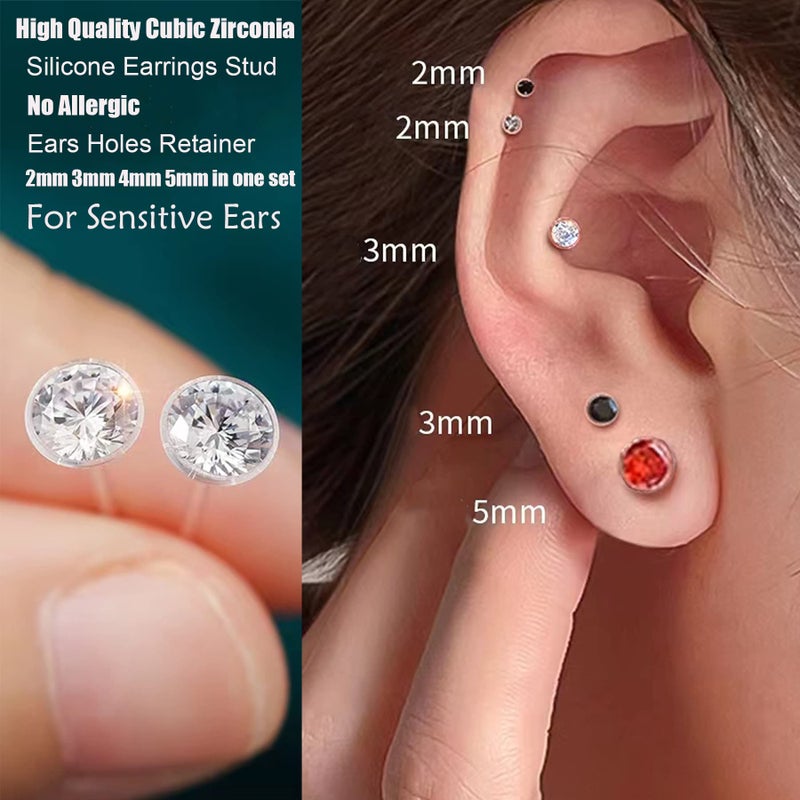 Meniala Anti Allergy Hypoallergenic Plastic Stud Earrings Set, 8 Pairs with Silicone Backs, 2-5mm Cubic Zirconia for Sensitive Ears (Pink) - Image 4