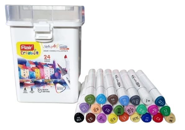 FLAIR 24 Vibrant Shades Soft Art Marker Dual-Tip| Soft Chisel Point & Brush Tip Together| Triangular Body| Quick Drying| Draw Doodle Illustrate| Attractive Carry Case With Handle|,Multicolor - Image 4