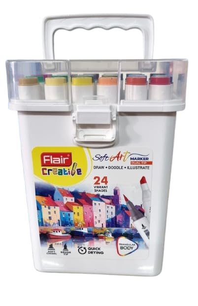 FLAIR 24 Vibrant Shades Soft Art Marker Dual-Tip| Soft Chisel Point & Brush Tip Together| Triangular Body| Quick Drying| Draw Doodle Illustrate| Attractive Carry Case With Handle|,Multicolor - Image 2