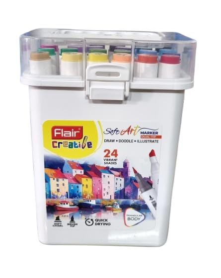 FLAIR 24 Vibrant Shades Soft Art Marker Dual-Tip| Soft Chisel Point & Brush Tip Together| Triangular Body| Quick Drying| Draw Doodle Illustrate| Attractive Carry Case With Handle|,Multicolor - Image 1