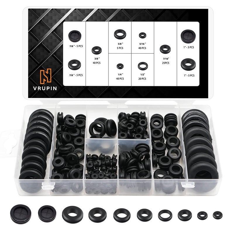 Vrupin 188 Pcs Rubber Grommets Kit - Rubber Washers for Wiring - 10 Different Sizes(1/4", 5/16", 3/8", 7/16", 1/2", 5/8", 7/8", 1" Inch) - Image 1