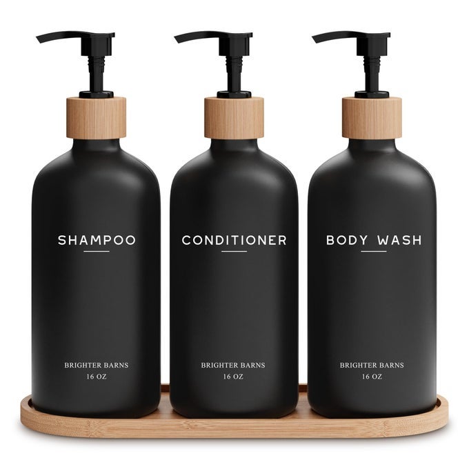 BLACK SHAMPOO AND CONDITIONER DISPENSER SET BY BODY WASH SHAMPOO DISPENSER FOR SHOWER WITH PUMP REFILLABLE PLASTIC SHOWER SOAP DISPENSER FOR BATHROOM DECOR IN HOME AIRBNB BLACK