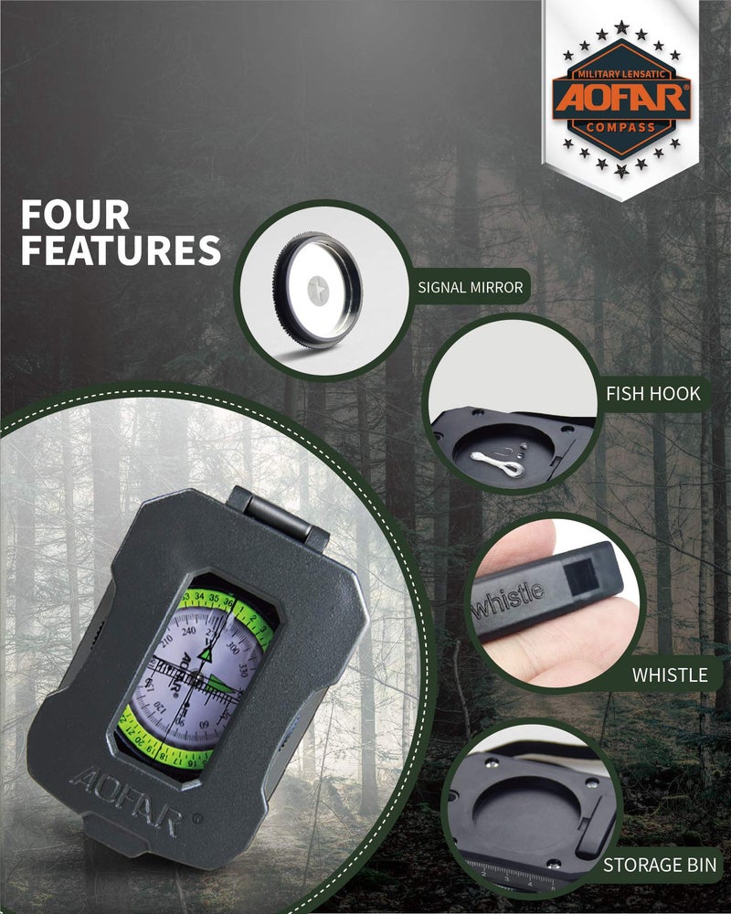 AOFAR Lensatic Sighting Military Compass AF-4090, Aluminum Alloy Material is Lighter, Functional with Signal Mirror Whistle Fishing Hook for Hiking, Camping, Fishing, Mountaineering, Boating, Pouch - Image 3