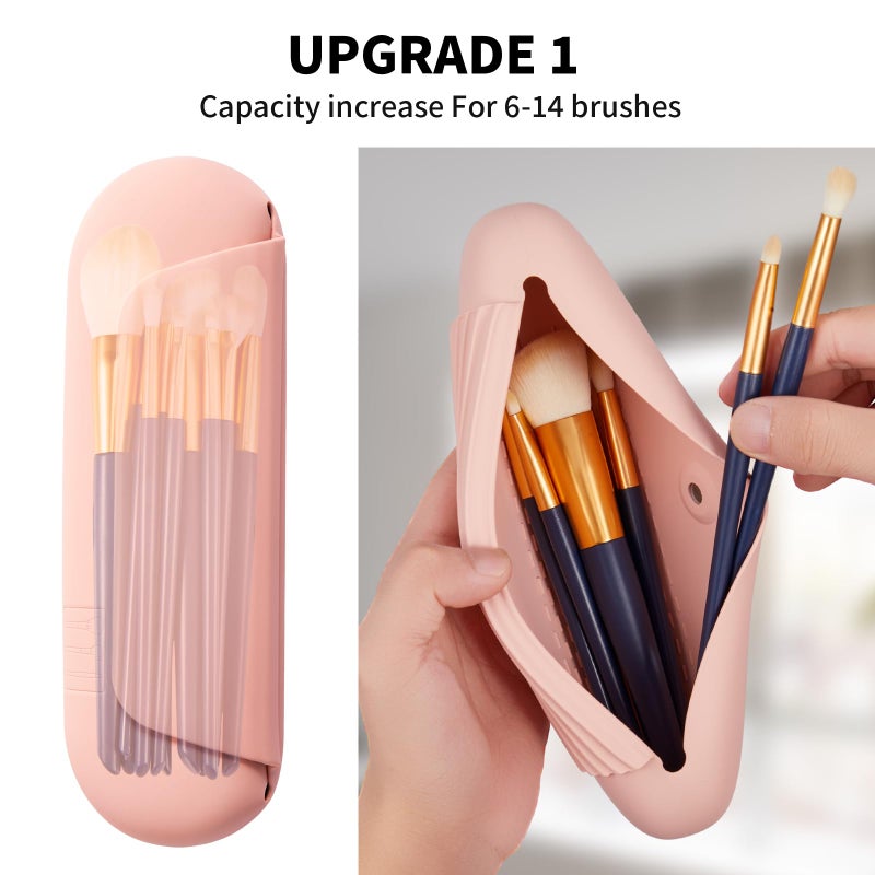 AGIKET Silicone Makeup Brush Holder Travel Cosmetic Bagï¼šSoft Portable Cosmetic Face Brushes Holder with Upgrade Anti-Fall Out Magnetic Closure, Large Travel Makeup Brush Case - Pink Sand - Image 2