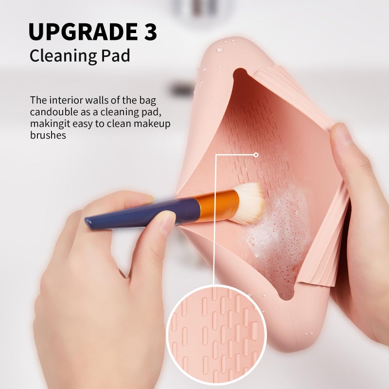 AGIKET Silicone Makeup Brush Holder Travel Cosmetic Bagï¼šSoft Portable Cosmetic Face Brushes Holder with Upgrade Anti-Fall Out Magnetic Closure, Large Travel Makeup Brush Case - Pink Sand - Image 4