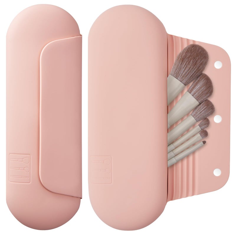AGIKET Silicone Makeup Brush Holder Travel Cosmetic Bagï¼šSoft Portable Cosmetic Face Brushes Holder with Upgrade Anti-Fall Out Magnetic Closure, Large Travel Makeup Brush Case - Pink Sand - Image 1