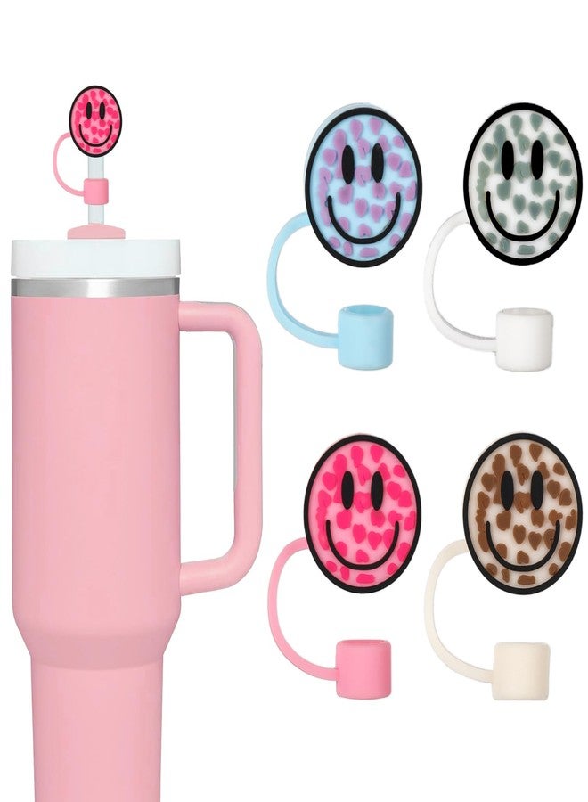 وولاين مجموعة أغطية شفاطات من السيليكون قابلة لإعادة الاستخدام من والين، بتصميم وجه مبتسم بنقشة جلد النمر، 4 قطع، دائرية الشكل، بنمط مزدوج الجوانب، مقاس 10 مم (0.4 بوصة)، مناسبة لأكواب سعة 30 و40 أونصة بمقبض. - Image 1