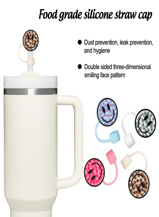 وولاين مجموعة أغطية شفاطات من السيليكون قابلة لإعادة الاستخدام من والين، بتصميم وجه مبتسم بنقشة جلد النمر، 4 قطع، دائرية الشكل، بنمط مزدوج الجوانب، مقاس 10 مم (0.4 بوصة)، مناسبة لأكواب سعة 30 و40 أونصة بمقبض. - Image 4