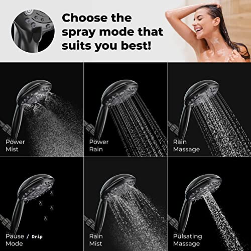 Marcoware ABS Multi Function 6 Mode Bathroom Hand Shower set with Mist,Massage & Rain functions with Steel flexible tube Pipe 1.5 Meters & Hook, Black Finish - Image 2