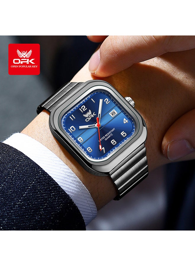 او بي كي ساعة OPK، ساعة كوارتز أنيقة وعملية، مقاومة للماء بتقويم واحد، للرجال - سوار فولاذي 6040 أسود، مينا زرقاء. - Image 1