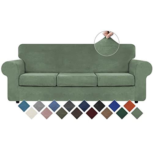 WEERRW 4 Pieces Velvet High Stretch Couch Covers for 3 Cushion Couch Sofa Slipcovers, Washable Furniture Protector with Non Slip Elastic Bottom, Feature Soft Plush Fabric, Greyish Green, Large - Image 1