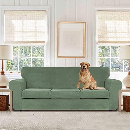 WEERRW 4 Pieces Velvet High Stretch Couch Covers for 3 Cushion Couch Sofa Slipcovers, Washable Furniture Protector with Non Slip Elastic Bottom, Feature Soft Plush Fabric, Greyish Green, Large - Image 2