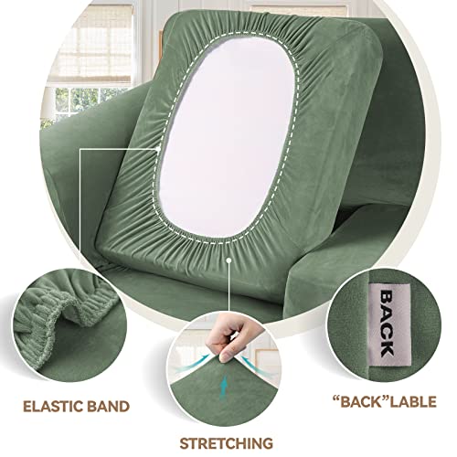 WEERRW 4 Pieces Velvet High Stretch Couch Covers for 3 Cushion Couch Sofa Slipcovers, Washable Furniture Protector with Non Slip Elastic Bottom, Feature Soft Plush Fabric, Greyish Green, Large - Image 3