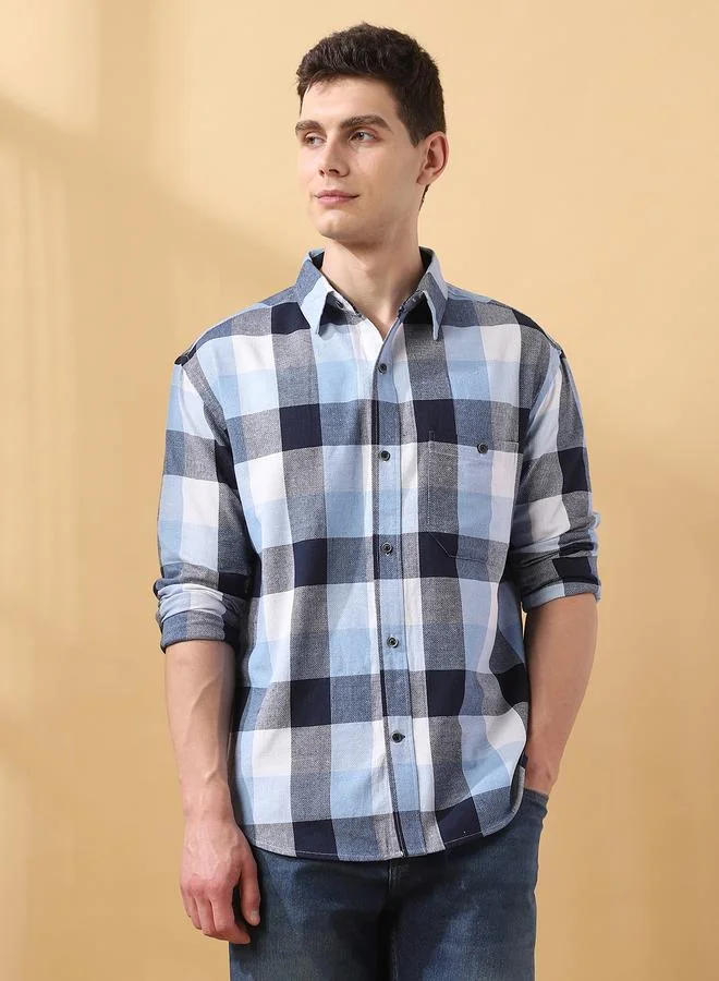 Men's Blue Cotton Blend Checkered Button Down Relaxed Shirt
