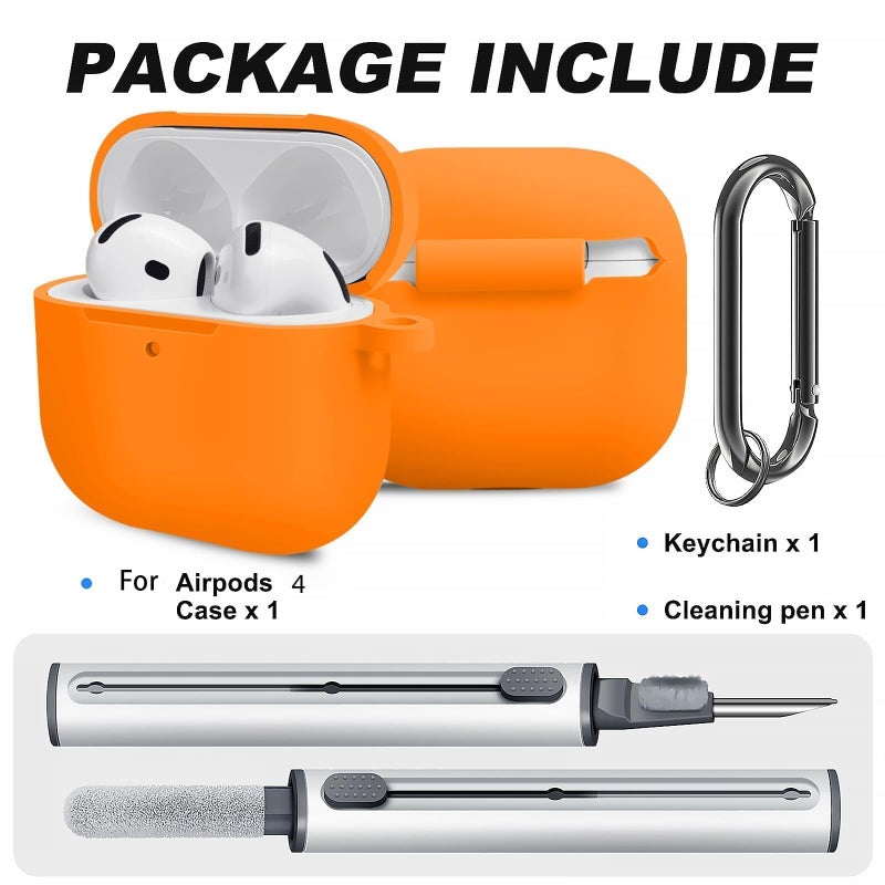 Woyinger for Airpods 4th Case Cover, Come with Cleaner Kit,Soft Skin Silicone Case Cover with Keychain, Front LED Visibl, Full Protective Caseï¼ŒCompatible with AirPods 4th(Orange) - Image 2