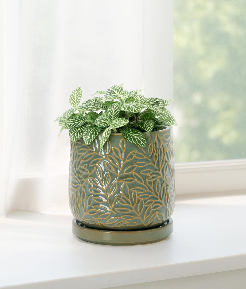 D'vine Dev 4 Inch Embossed Leaves Stoneware Planter Pot with Drainage Hole and Saucer, Olive, 27-A-Z-0 - Image 2
