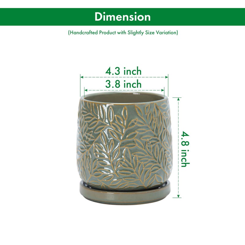 D'vine Dev 4 Inch Embossed Leaves Stoneware Planter Pot with Drainage Hole and Saucer, Olive, 27-A-Z-0 - Image 3