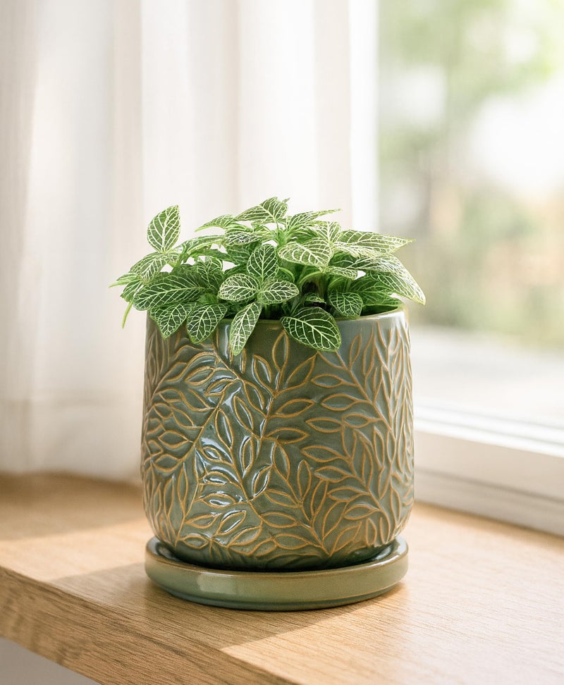 D'vine Dev 4 Inch Embossed Leaves Stoneware Planter Pot with Drainage Hole and Saucer, Olive, 27-A-Z-0 - Image 5