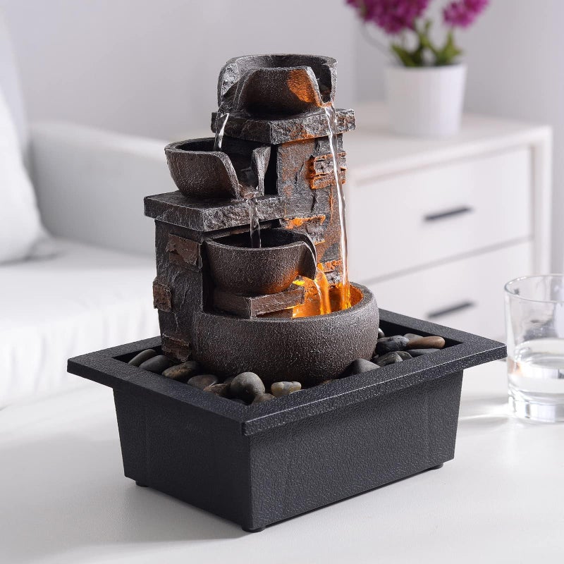 Kalona DÃ©cor Desktop Fountain - 10" 4-Tier Design with Imitation Stone, Indoor Waterfall Tabletop River Rocks & Resin Material for Serene Meditation & Relaxation - Ideal for Home & Office Decor - Image 2