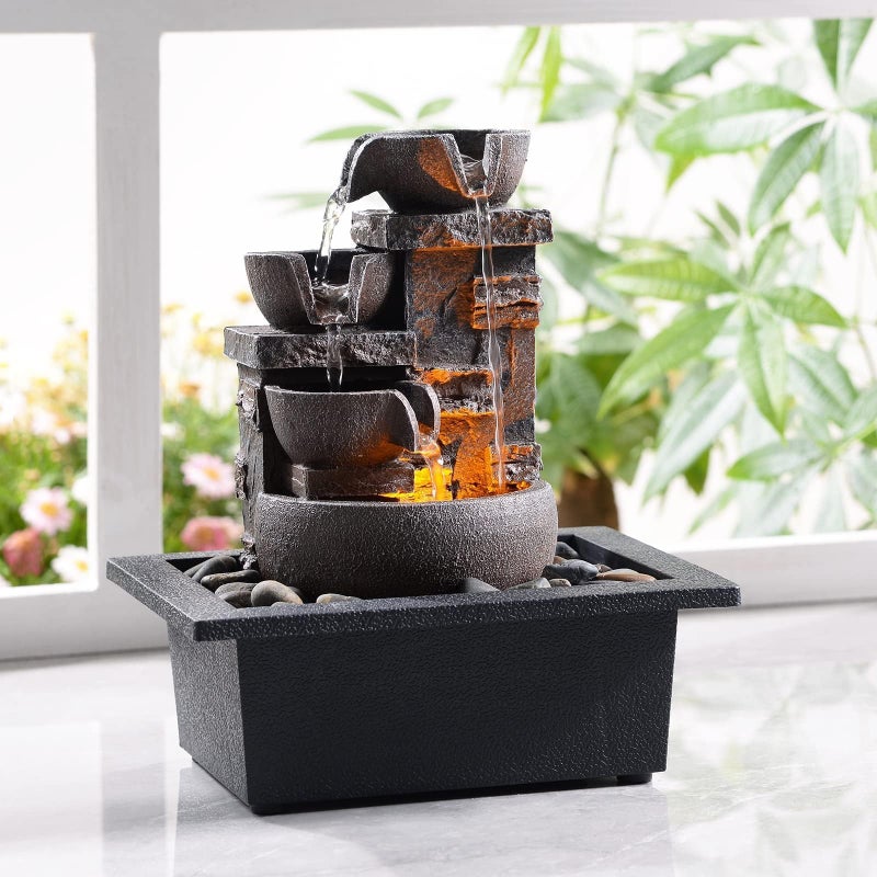 Kalona DÃ©cor Desktop Fountain - 10" 4-Tier Design with Imitation Stone, Indoor Waterfall Tabletop River Rocks & Resin Material for Serene Meditation & Relaxation - Ideal for Home & Office Decor - Image 1