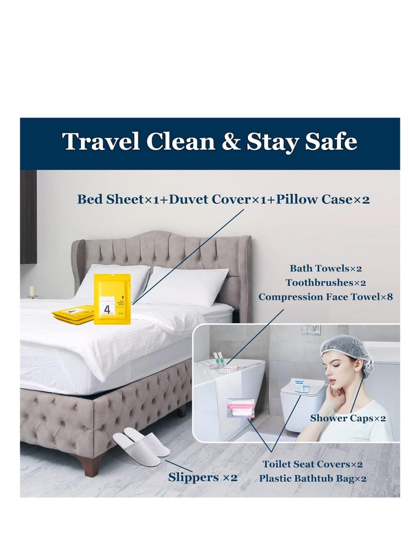 طقم سفر قابل للتصرف: شراشف سرير × 1 + غطاء لحاف × 1 + أغلفة وسائد × 2 + مناشف حمام × 2 + أغطية دش × 10 + أكياس حوض استحمام بلاستيكية × 2 + أغطية مقعدة تواليت × 2 + مناشف وجه مضغوطة × 8 + فرشاة أسنان × 2 + نعال × 2 - Image 5