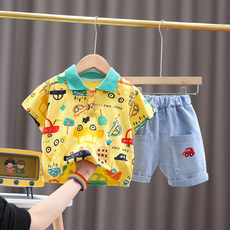 Children's Clothing Summer New Style Cartoon Cotton Top for Boys and Girls Baby Going Out Short-sleeved Set Casual Shorts Two-piece Set - Image 3