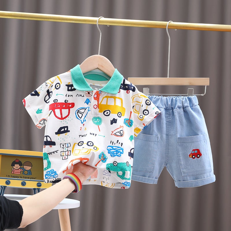 Children's Clothing Summer New Style Cartoon Cotton Top for Boys and Girls Baby Going Out Short-sleeved Set Casual Shorts Two-piece Set - Image 4