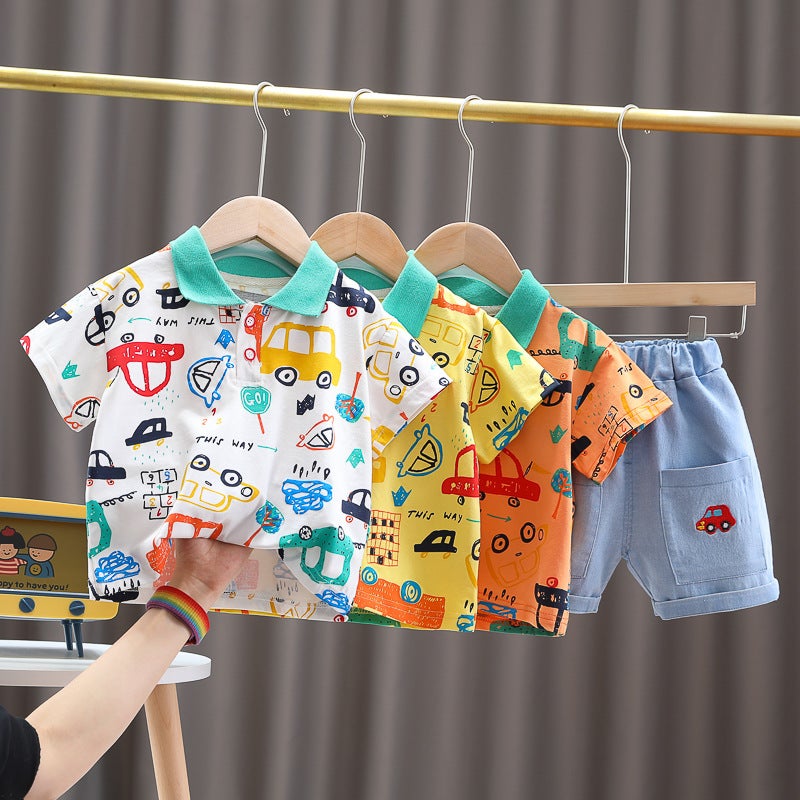 Children's Clothing Summer New Style Cartoon Cotton Top for Boys and Girls Baby Going Out Short-sleeved Set Casual Shorts Two-piece Set - Image 2