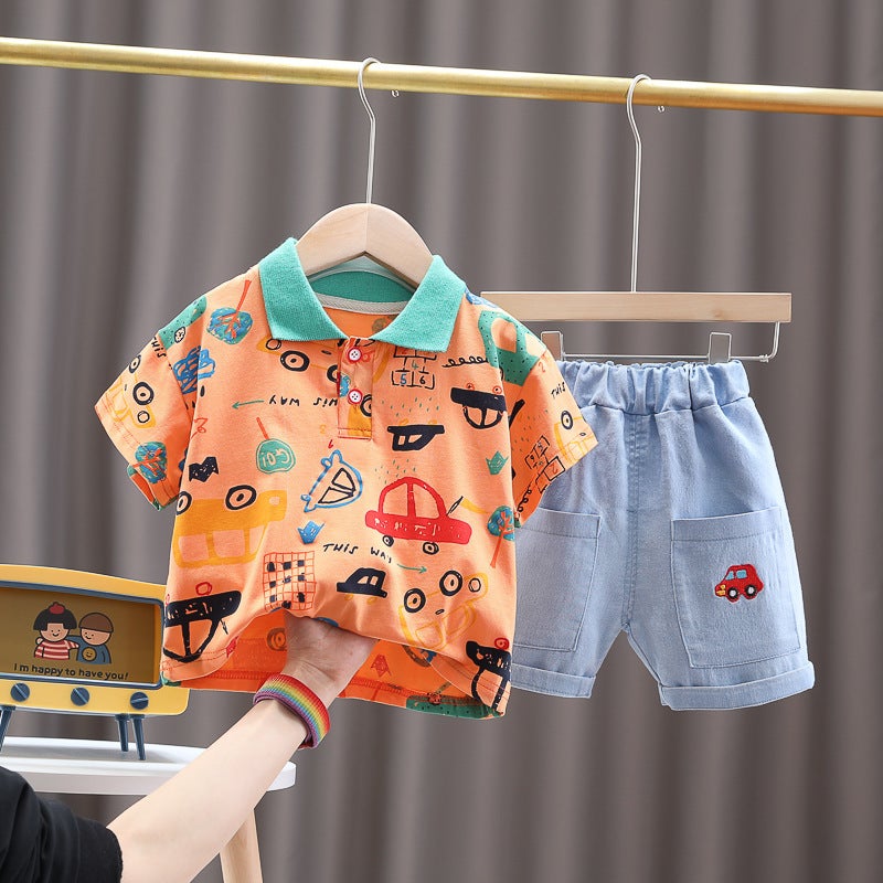 Children's Clothing Summer New Style Cartoon Cotton Top for Boys and Girls Baby Going Out Short-sleeved Set Casual Shorts Two-piece Set - Image 5