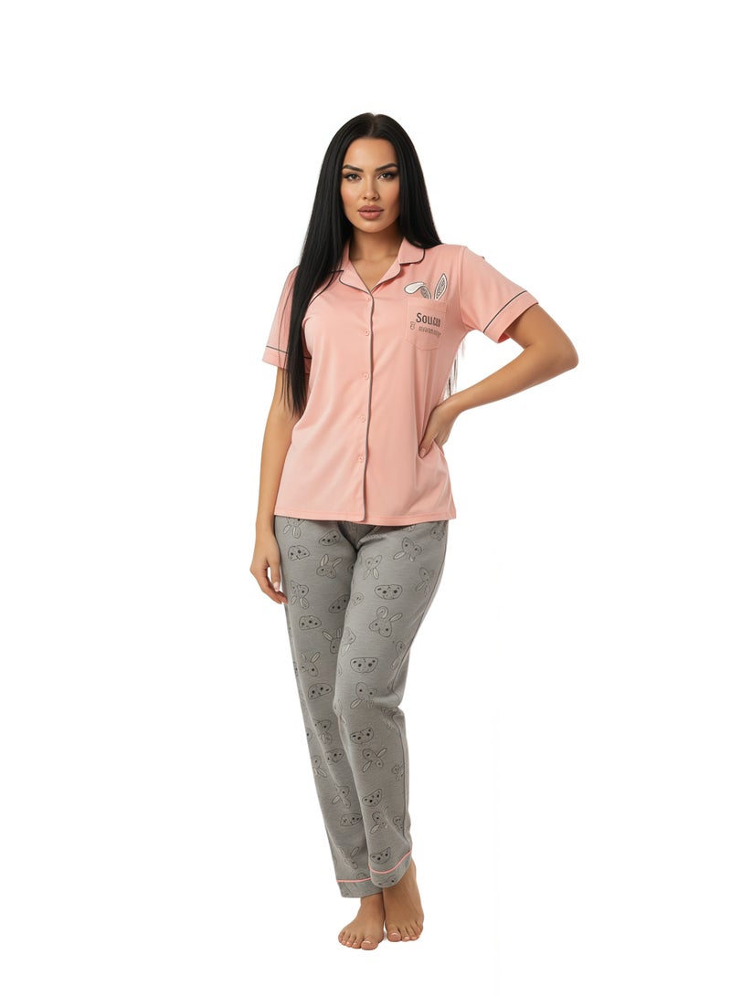 JOANNA طقم بيجامة مزين برسمة أرنب للنوم للنساء من جوانا، وردي فاتح، XXL - Image 4