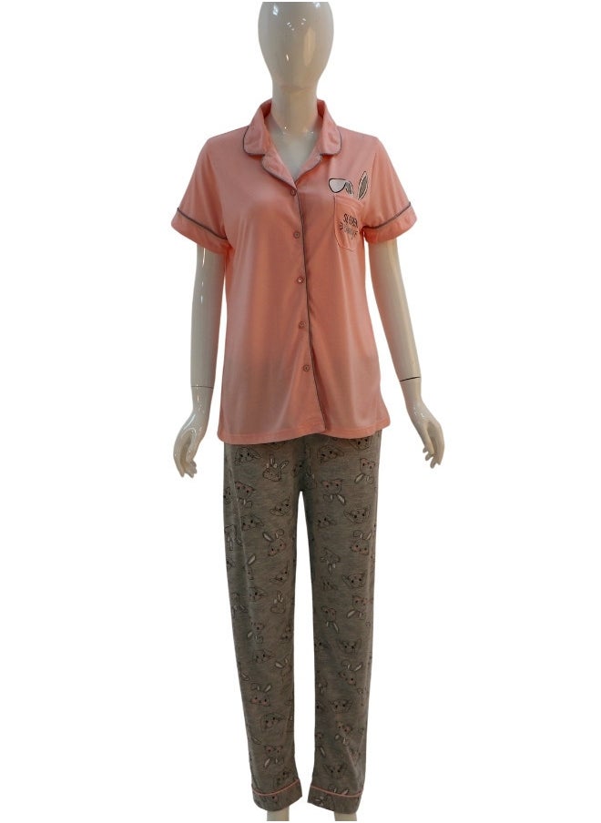 JOANNA - JOANNA Women's Sleeping Bunny Print Button Down Shirt & Long Pants Pajama Set, Baby Pink - Image 1
